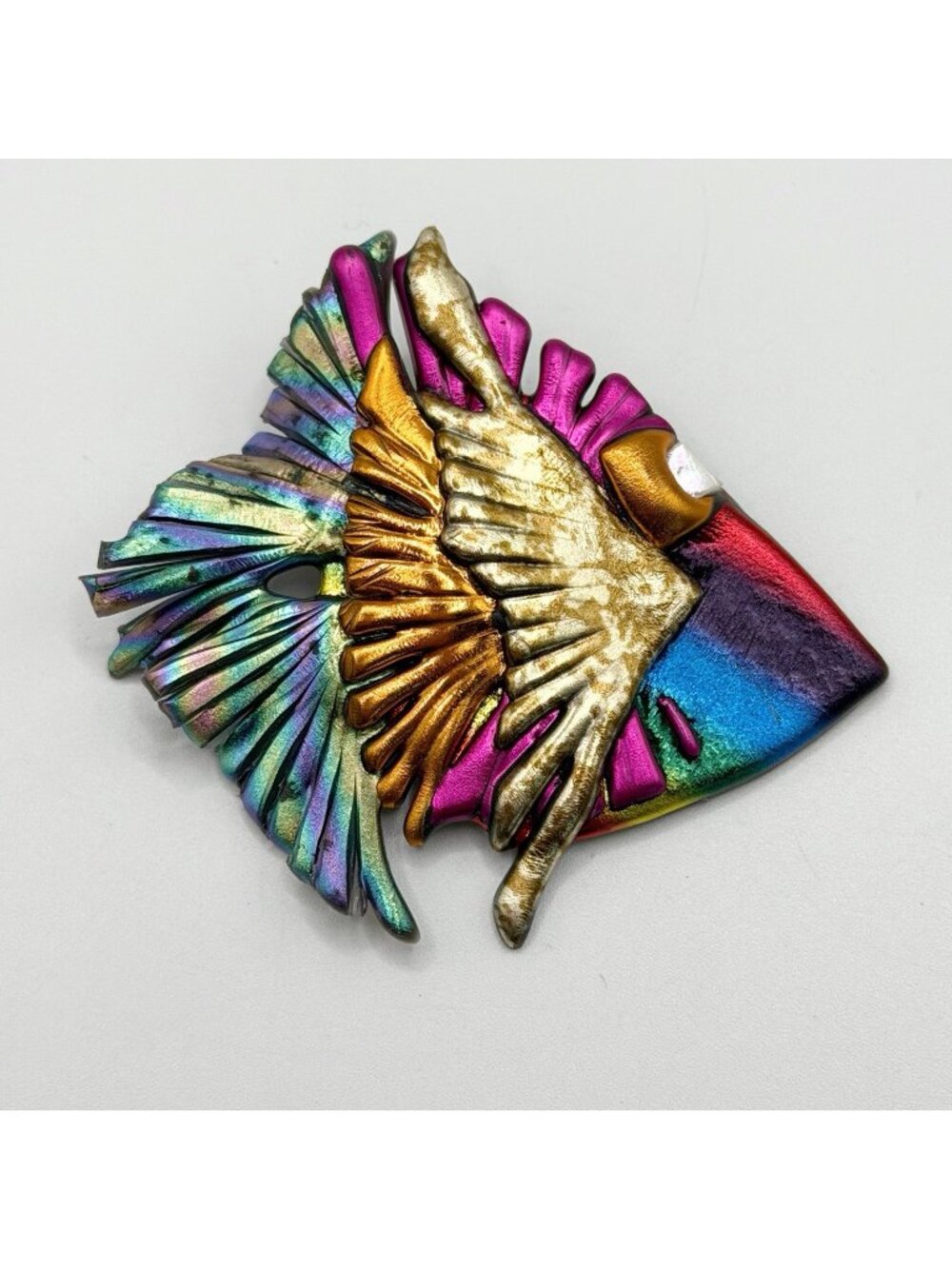 Handcrafted Iridescent Fish Brooch Pin by Gore's Art New Orleans